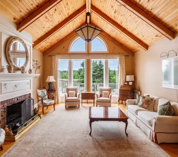 St. John’s luxury home living room featuring a grand chandelier, fireplace, and elegant furnishings.