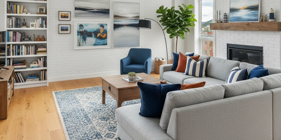 A bright, freshly painted living room with neutral-coloured walls.
