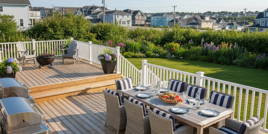 A well-built wooden deck in a backyard, perfect for summer.