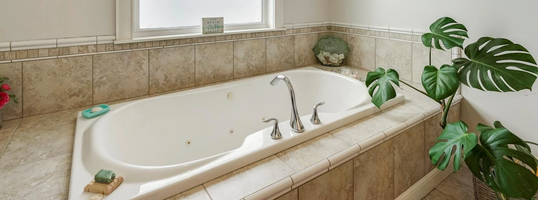 Modern bathroom in Paradise, NL, featuring a spacious bathtub and plant decor