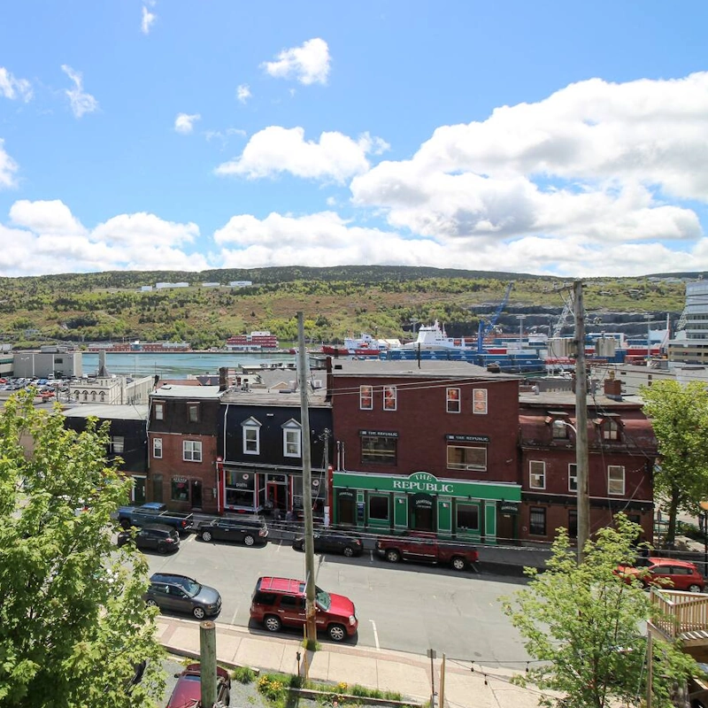 Panoramic view of downtown St. John's showcasing historic row houses, the harbor area with ships, and lush green hills in the background under a partly cloudy sky.