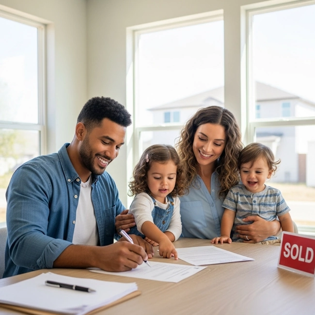 A photo of a family or couple happily signing documents for their new home.