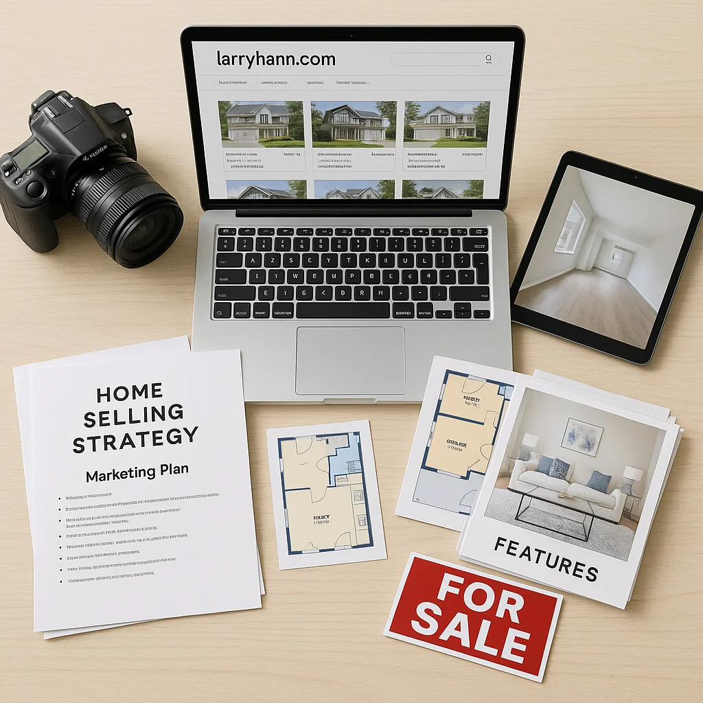 Flat‑lay of laptop with home listing, DSLR camera, 3‑D tour tablet, floor plan and feature sheets—complete home‑selling marketing plan