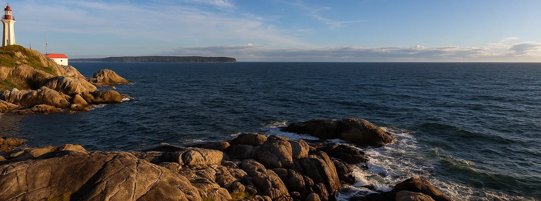 Scenic oceanfront view with lighthouse and rocky shoreline in St John's luxury real estate area